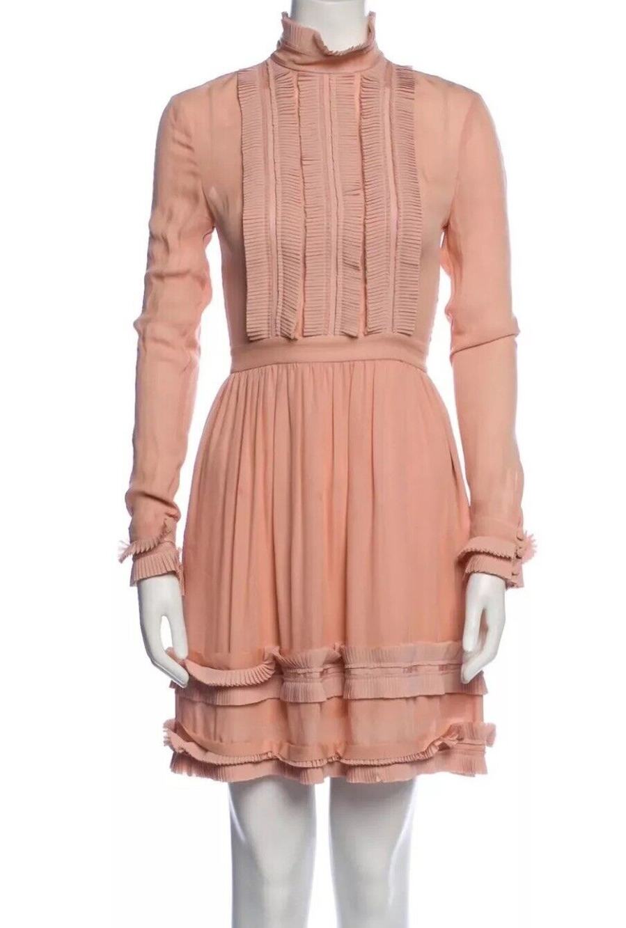 Nicholas Peachy Pink Fine Pleat Silk Long Sleeve Mini Ruffles High Neck Dress 0